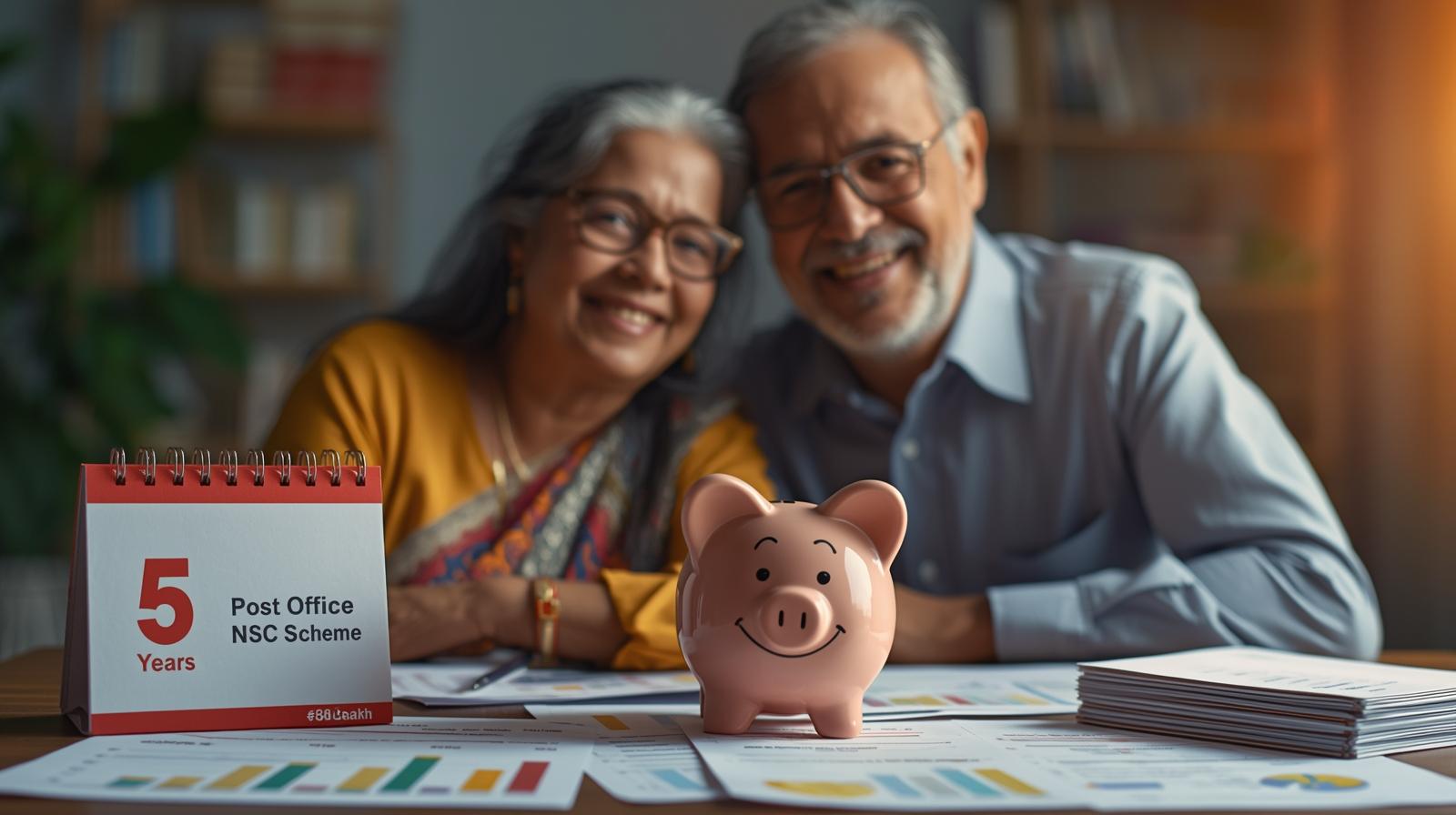 An Indian family middle aged couple sitting at a table with financial papers looking happy and secure. On the table is a piggy bank and a document with the words Post Office NSC Scheme. In the backgrou